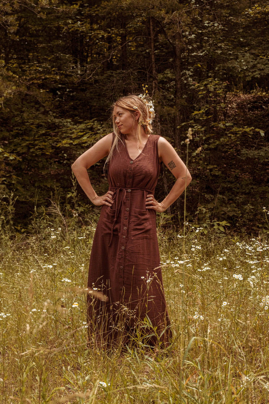 Bohemian Style Bamboo Cotton Button Down Dress, Duster
