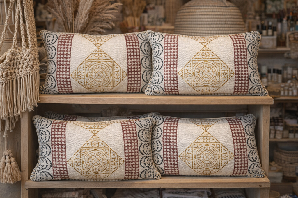 Mustard, Burgundy & Grey Cotton Canvas Lumbar Pillow