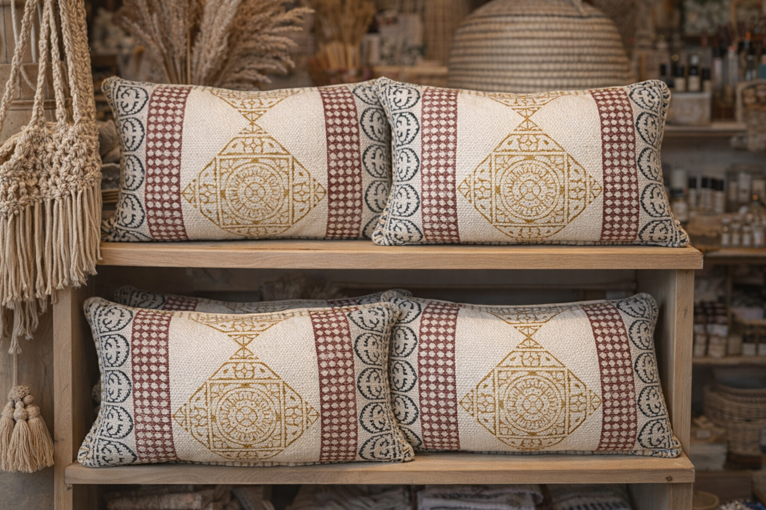 Mustard, Burgundy & Grey Cotton Canvas Lumbar Pillow