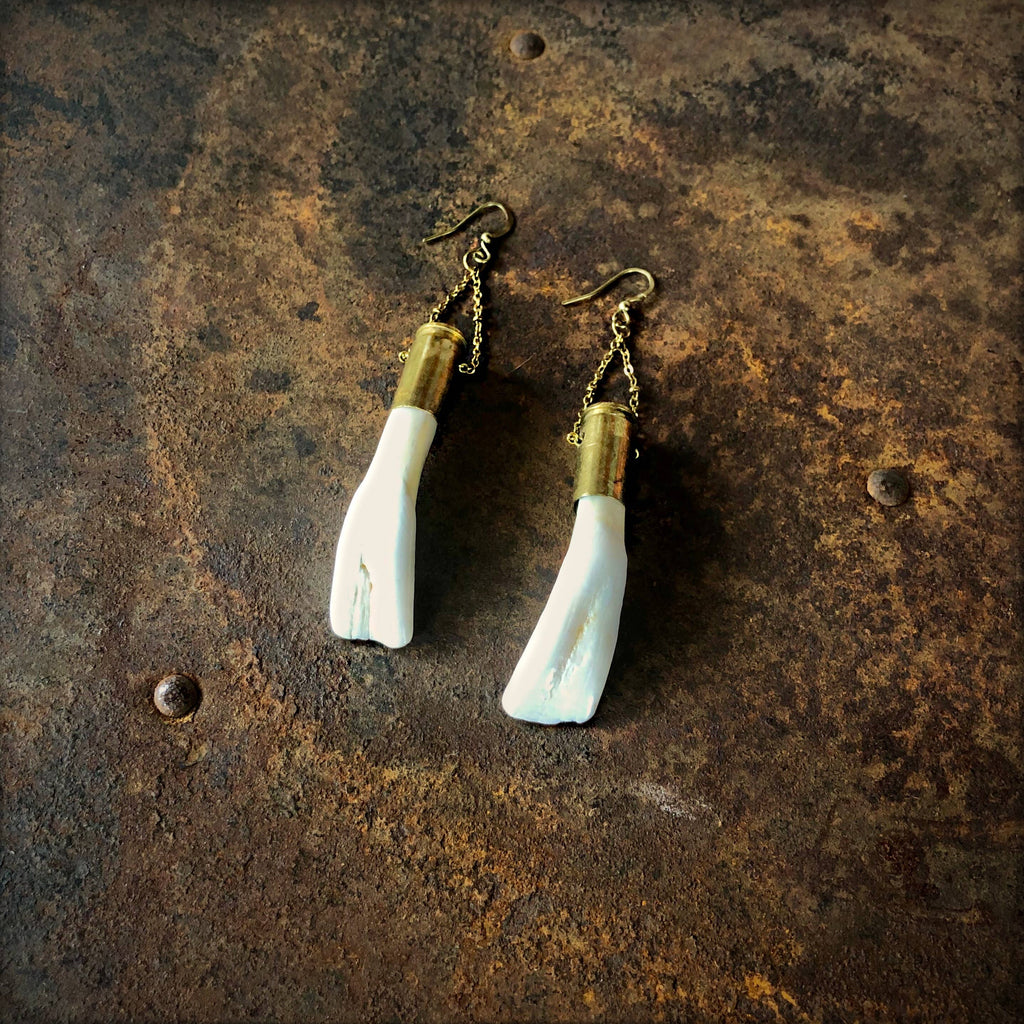 Buffalo Tooth Earrings - White, Shell Casings, Real Teeth