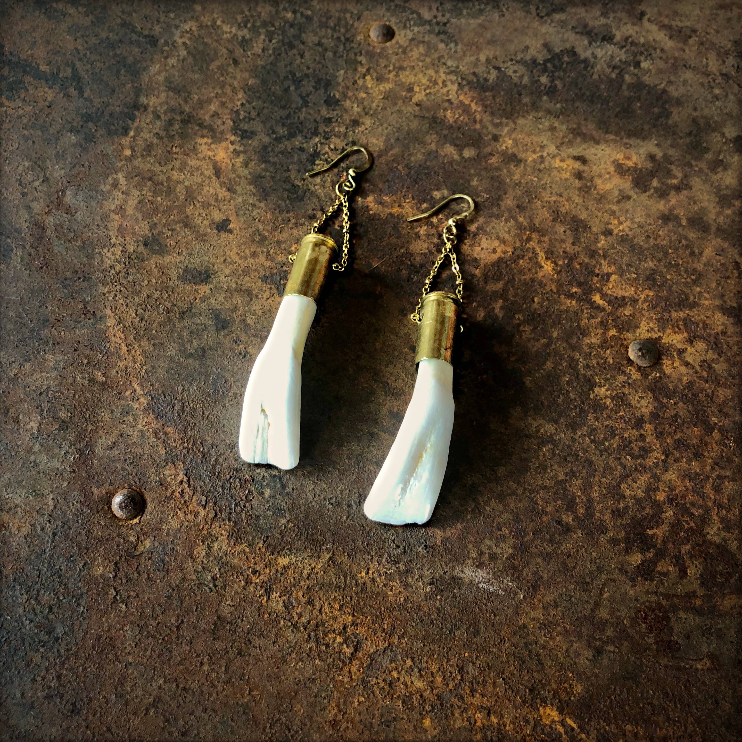 Buffalo Tooth Earrings - White, Shell Casings, Real Teeth