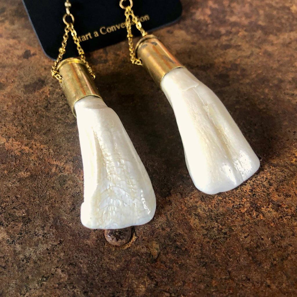 Buffalo Tooth Earrings - White, Shell Casings, Real Teeth