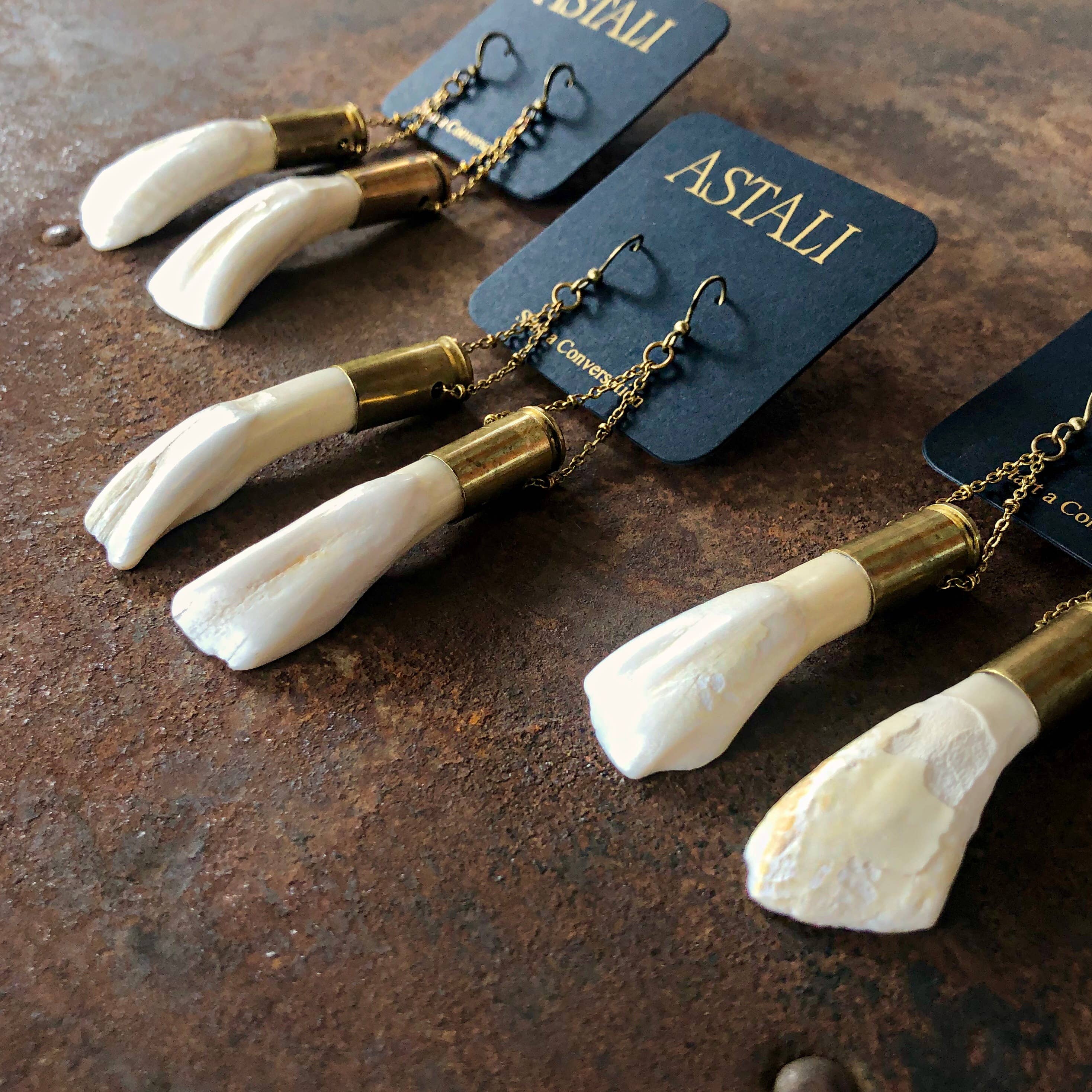 Buffalo Tooth Earrings - White, Shell Casings, Real Teeth