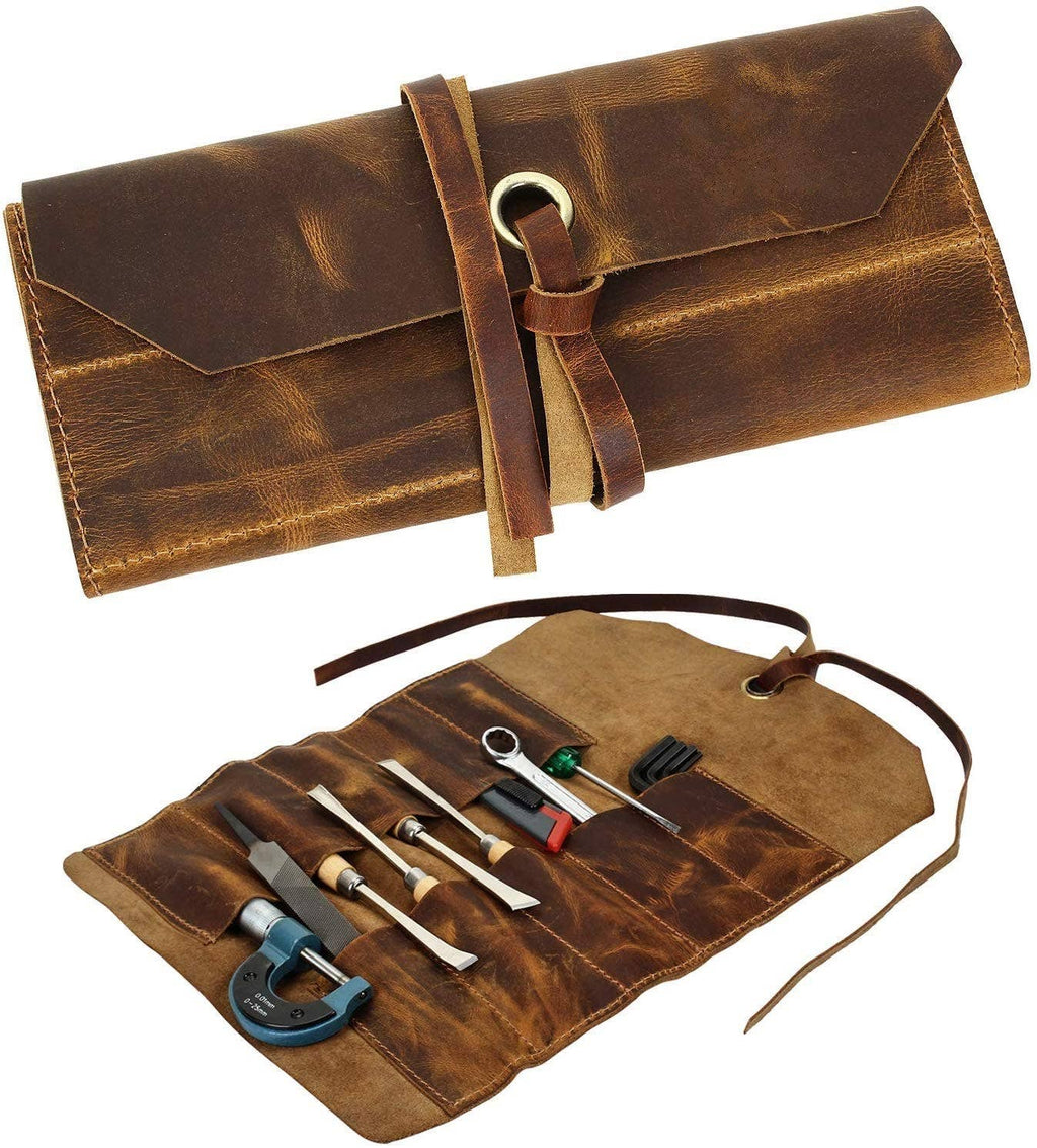 Tuzech Leather Roll Up Pouch - Leather Tools/Cutlery/Stationery/Pen/Pencil Pouch Wrench Roll/Chisel Bag (Brown) for School/College/Office/Work/Artist