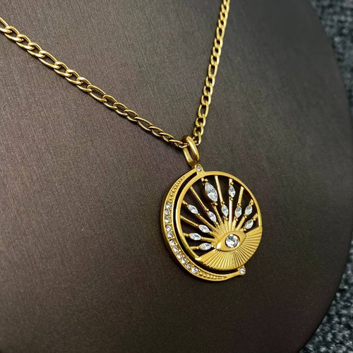 18K Golden Hollow Sun Moon Brightness Charm Necklace -FGS/MS