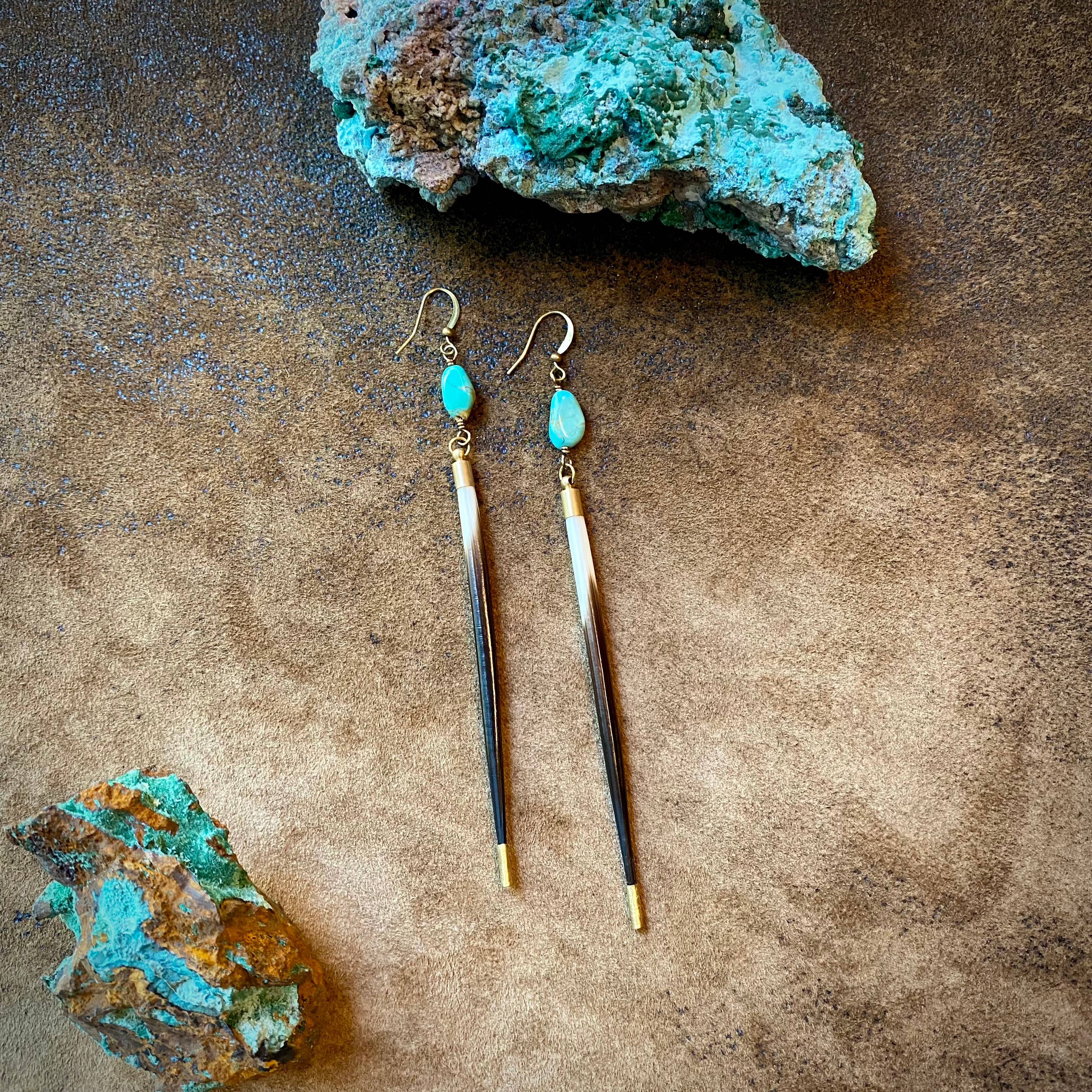 Porcupine Quill & Turquoise Earrings, Real Turquoise & Quill