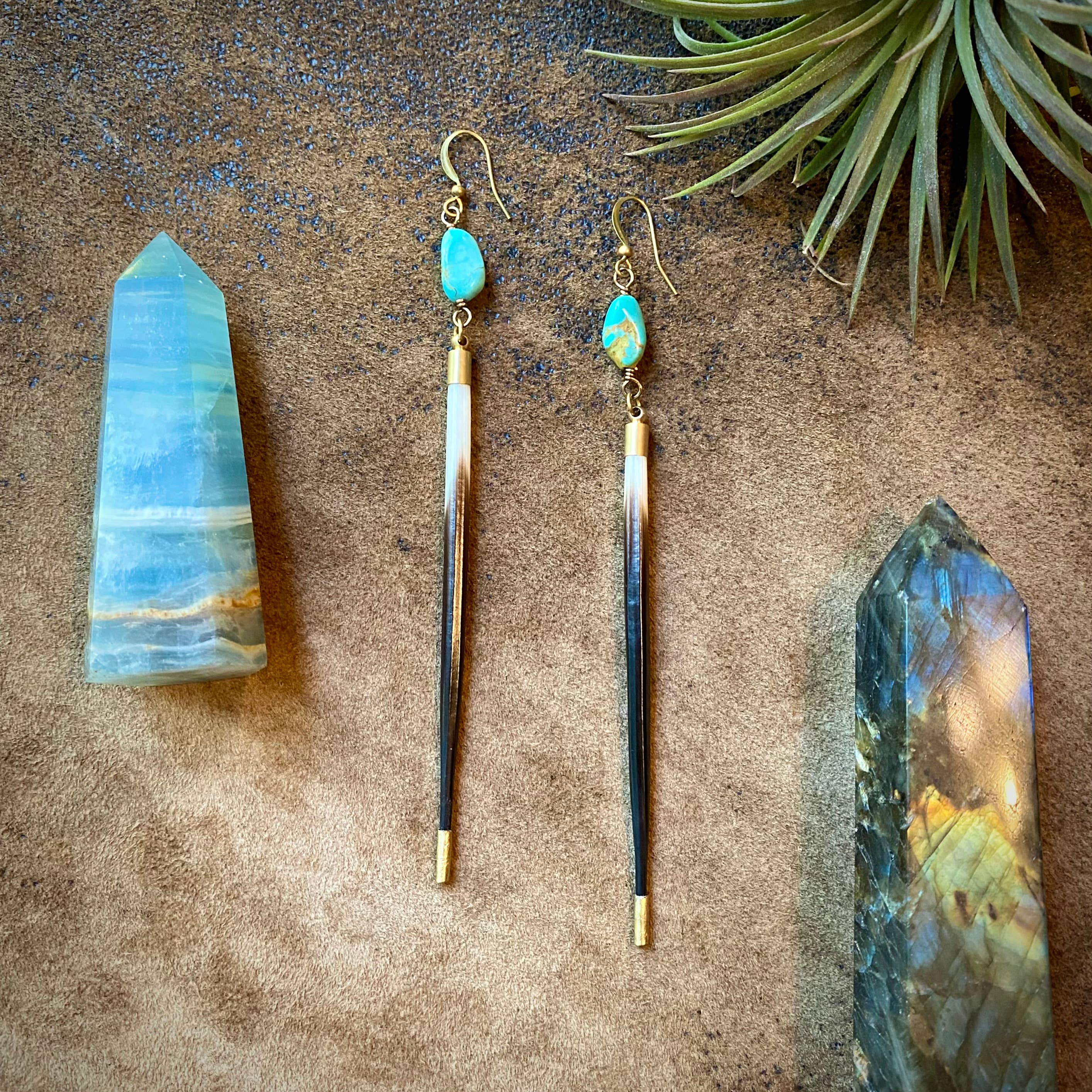 Porcupine Quill & Turquoise Earrings, Real Turquoise & Quill