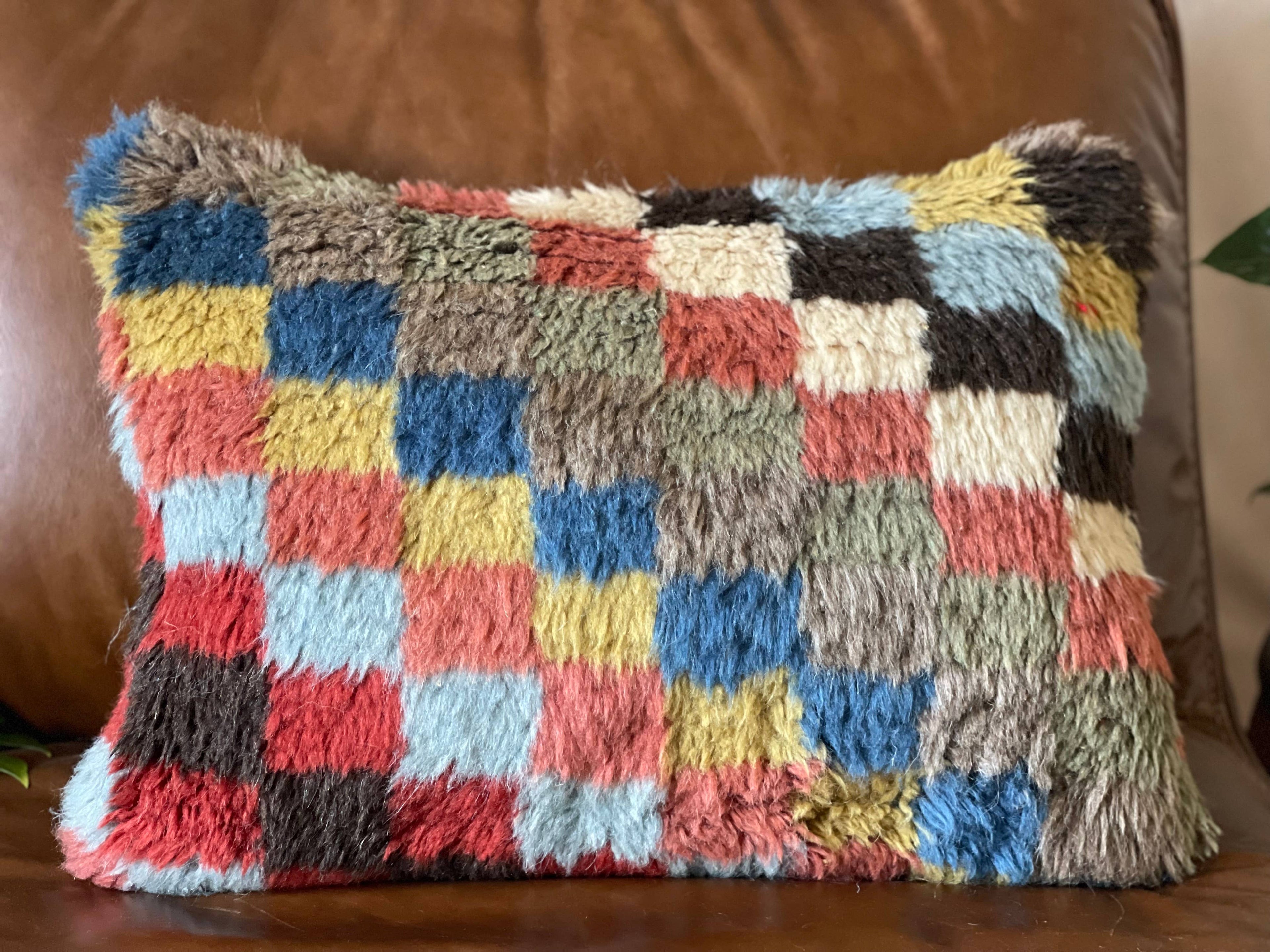 Checkered Vintage Turkish Rug Lumbar Pillow | 16x24
