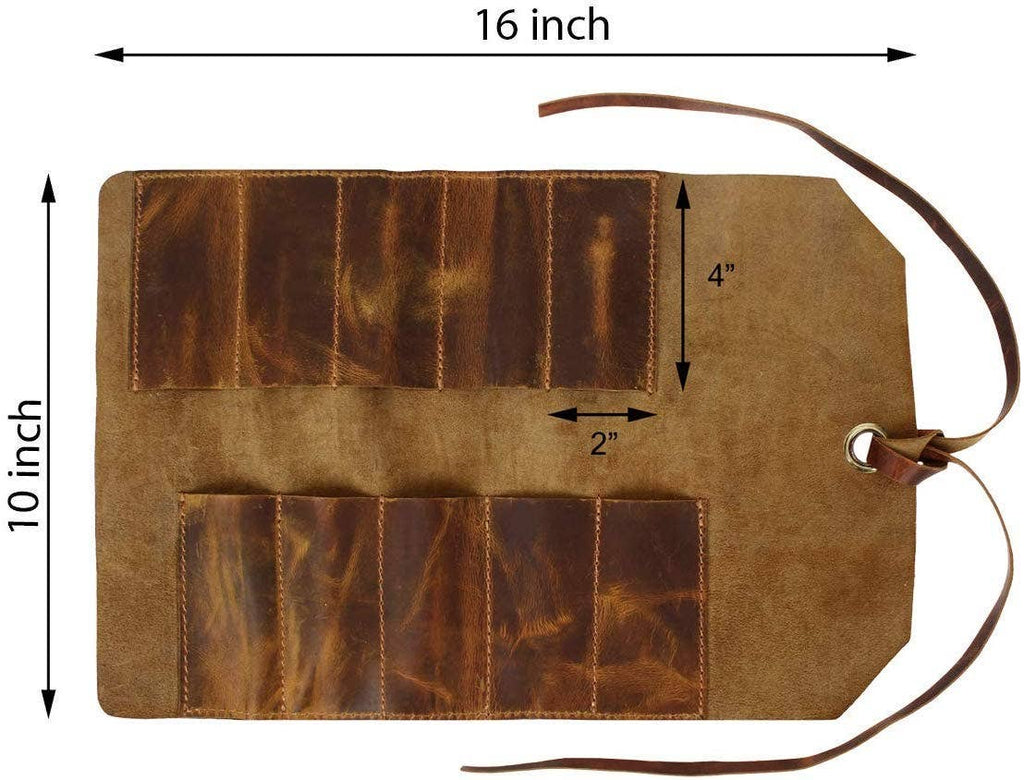 Tuzech Leather Roll Up Pouch - Leather Tools/Cutlery/Stationery/Pen/Pencil Pouch Wrench Roll/Chisel Bag (Brown) for School/College/Office/Work/Artist