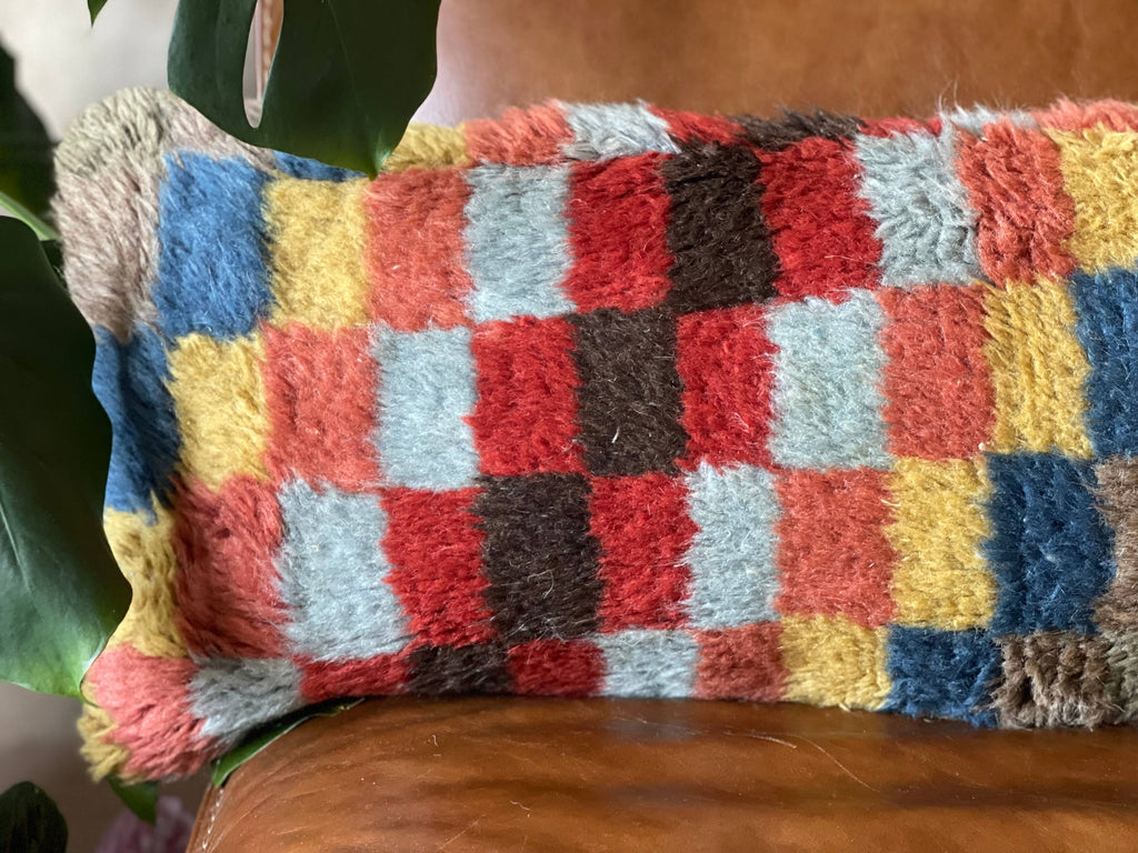 Checkered Vintage Turkish Rug Lumbar Pillow | 13x32