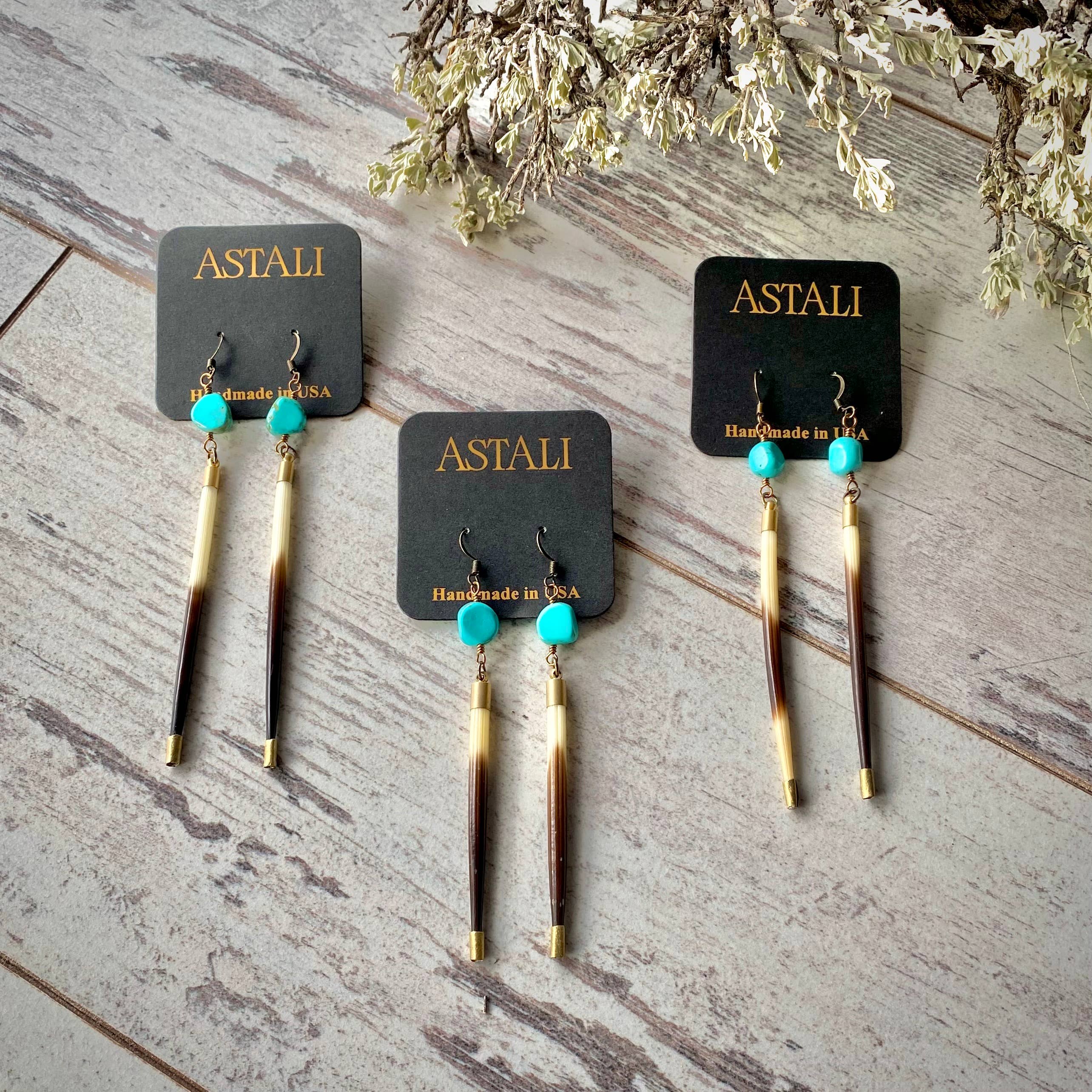 Porcupine Quill & Turquoise Earrings, Real Turquoise & Quill