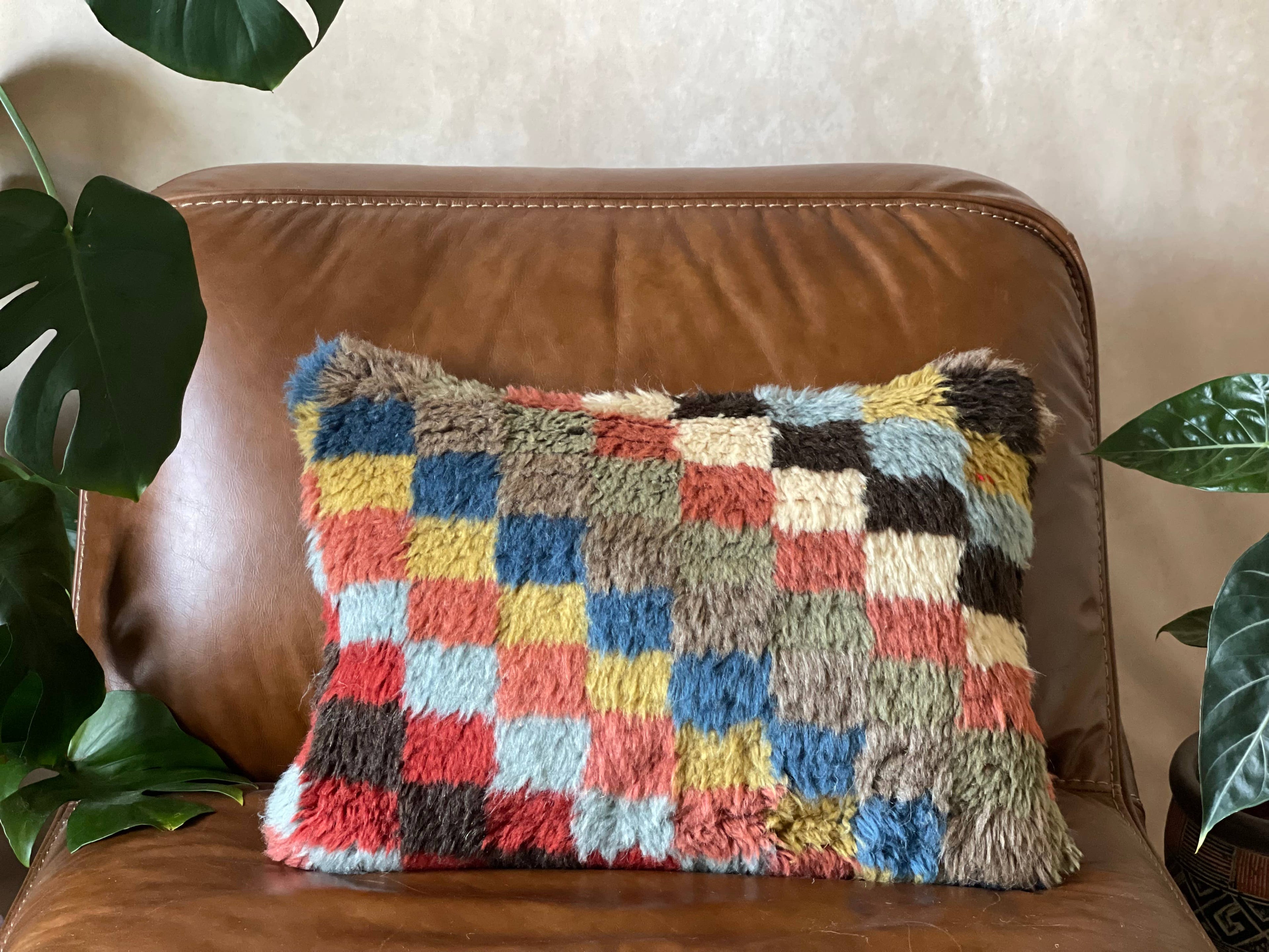 Checkered Vintage Turkish Rug Lumbar Pillow | 16x24