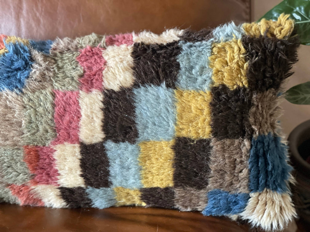 Checkered Vintage Turkish Rug Lumbar Pillow | 13x32