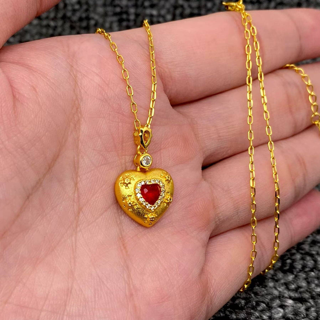Red Zircon Rhinestone Heart Charm18K Gold-plated Necklace