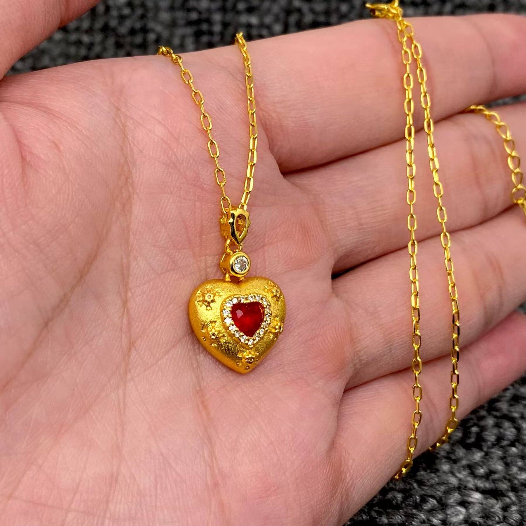 Red Zircon Rhinestone Heart Charm18K Gold-plated Necklace