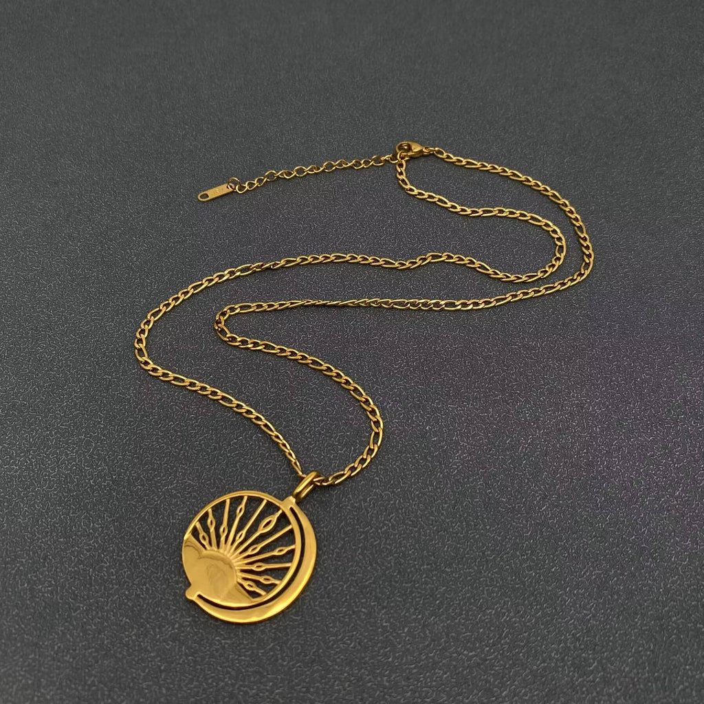 18K Golden Hollow Sun Moon Brightness Charm Necklace -FGS/MS