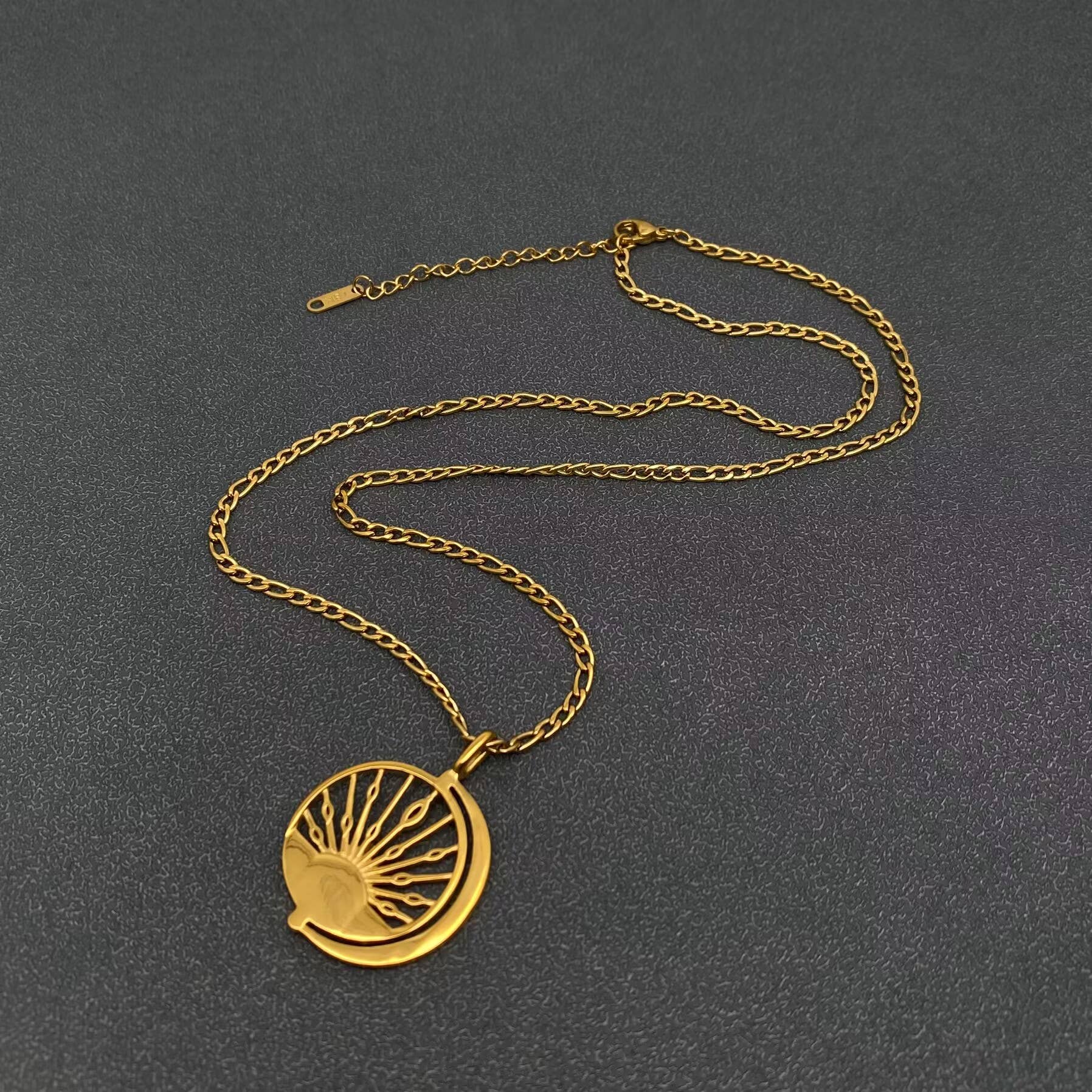 18K Golden Hollow Sun Moon Brightness Charm Necklace -FGS/MS
