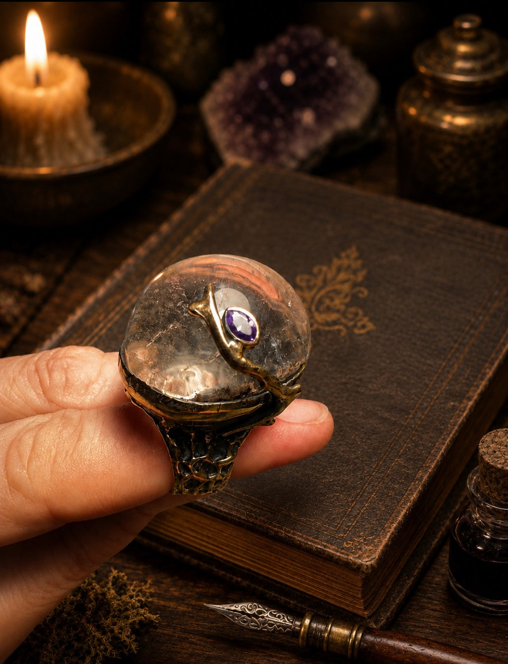 Sterling Amethyst  Quartz Crystal Ball Ring