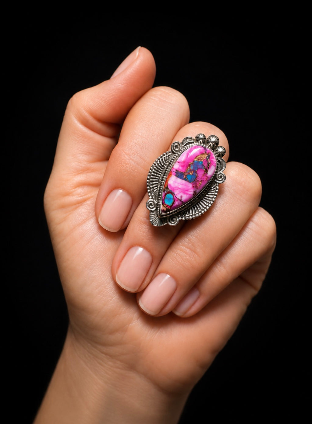 One-of-a-Kind Pink Oyster Turquoise Sterling Silver Statement Ring Size 8