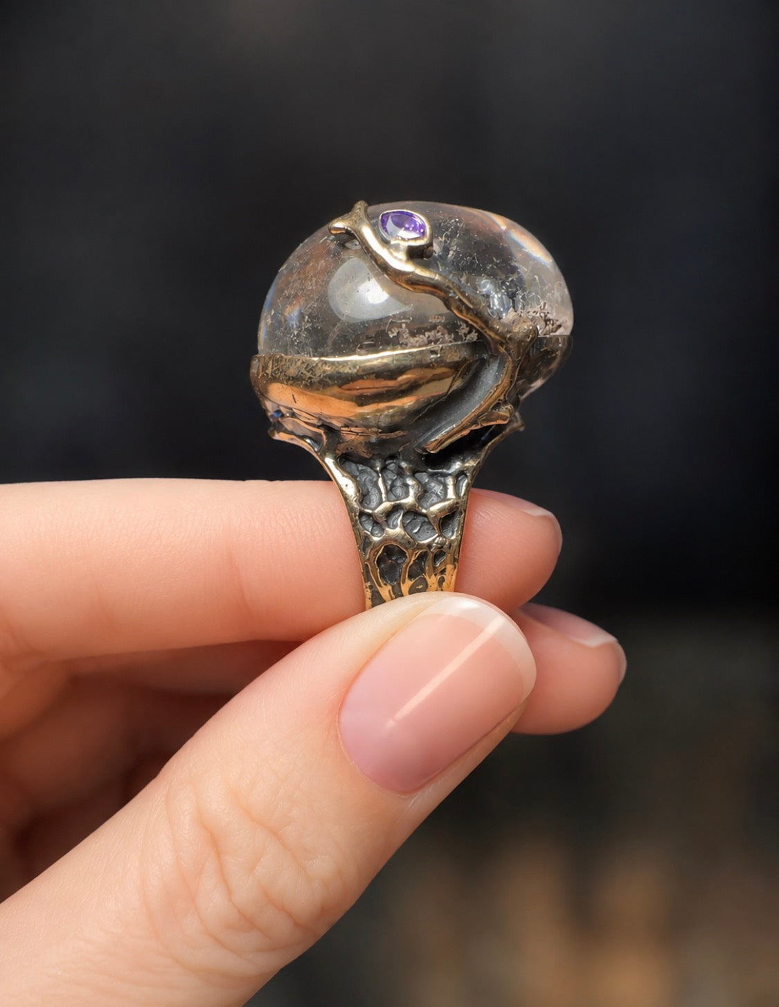 Sterling Amethyst  Quartz Crystal Ball Ring
