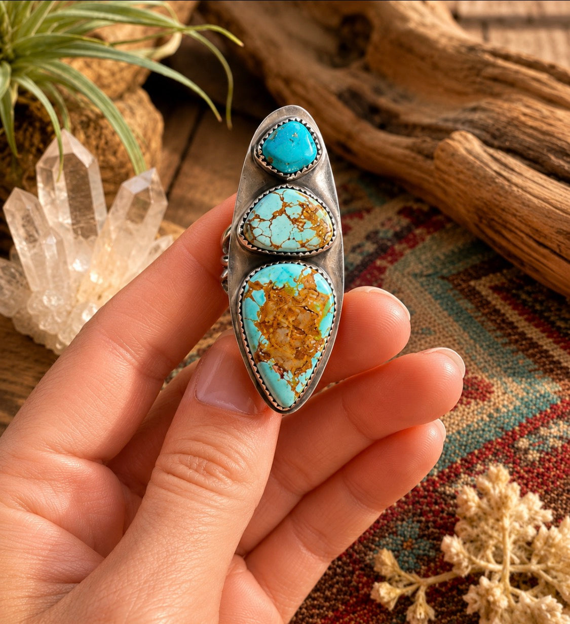 Three Stone Turquoise & Sterling Silver Ring (size 7)