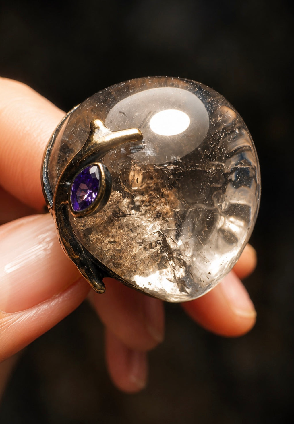 Sterling Amethyst  Quartz Crystal Ball Ring