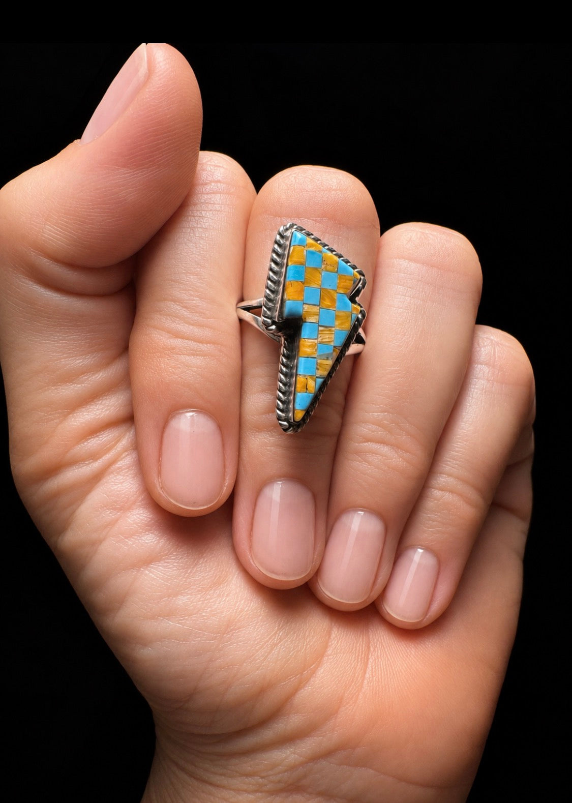 Sterling Silver Turquoise Inlay Lightning Bolt Ring (size 8.5)