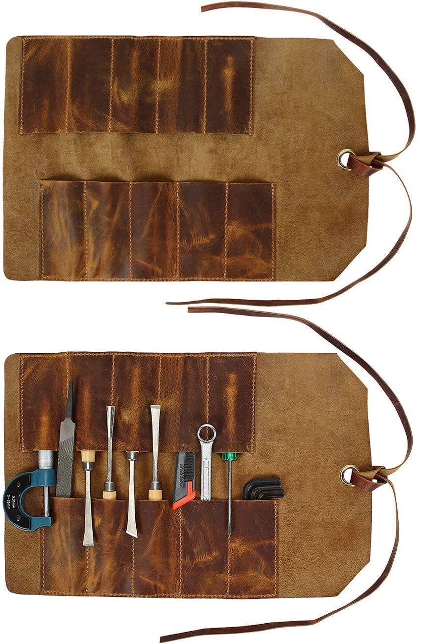 Tuzech Leather Roll Up Pouch - Leather Tools/Cutlery/Stationery/Pen/Pencil Pouch Wrench Roll/Chisel Bag (Brown) for School/College/Office/Work/Artist