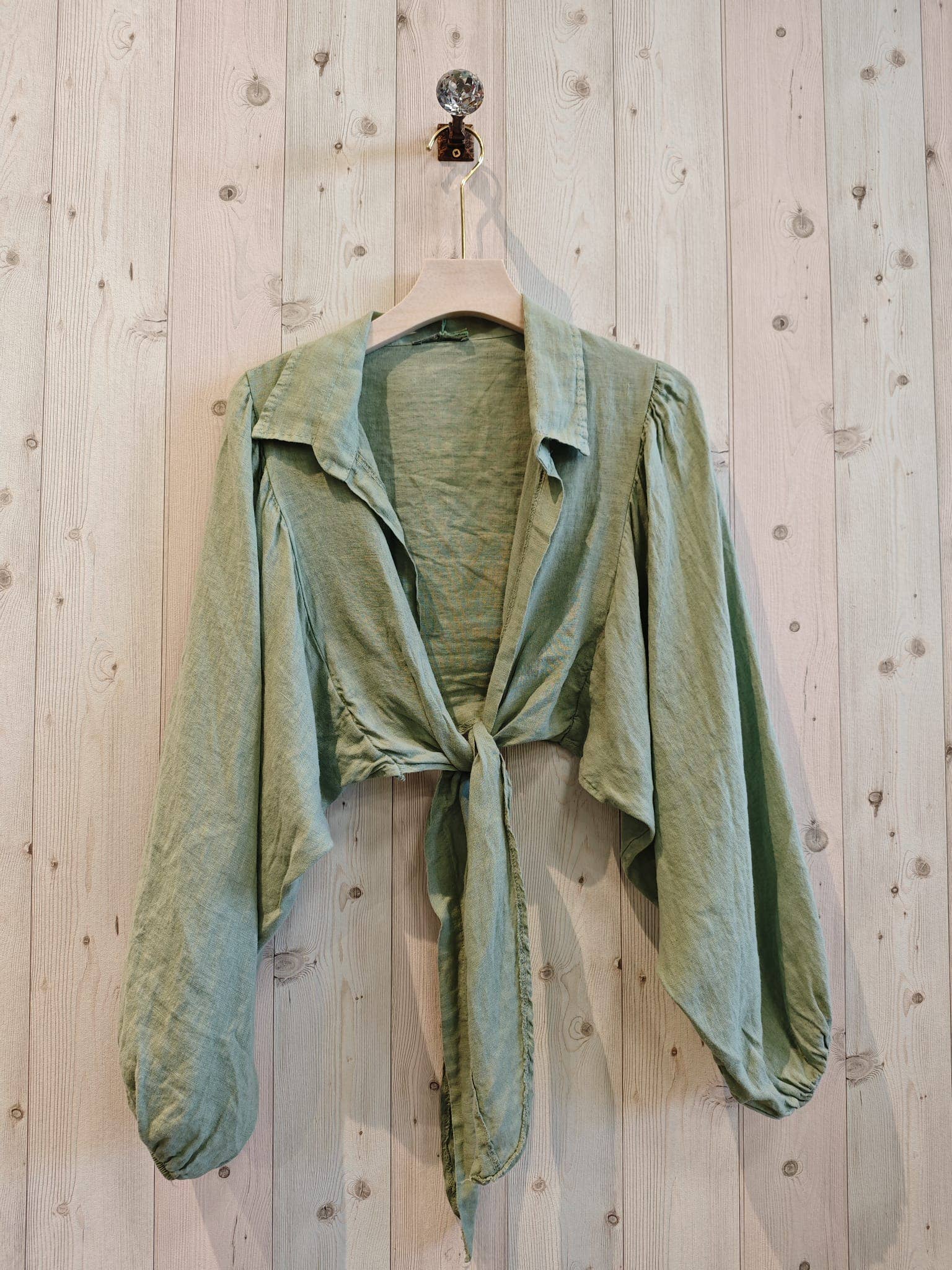 Ref-11865 Tie-front blouse top 100% linen