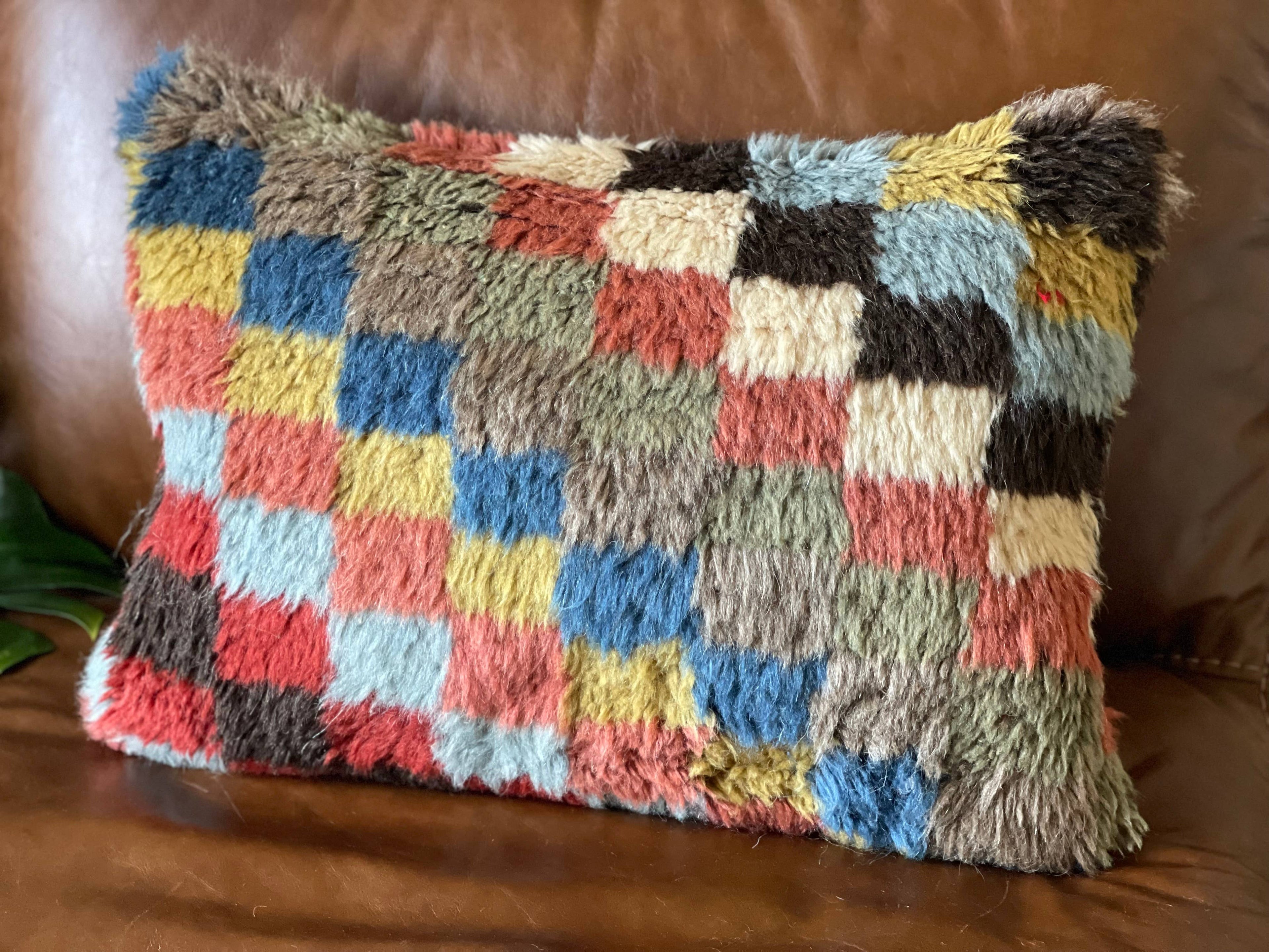 Checkered Vintage Turkish Rug Lumbar Pillow | 16x24