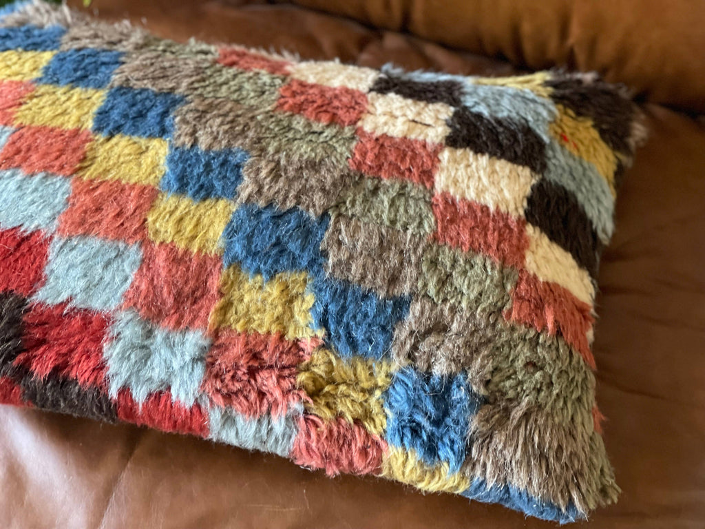 Checkered Vintage Turkish Rug Lumbar Pillow | 16x24