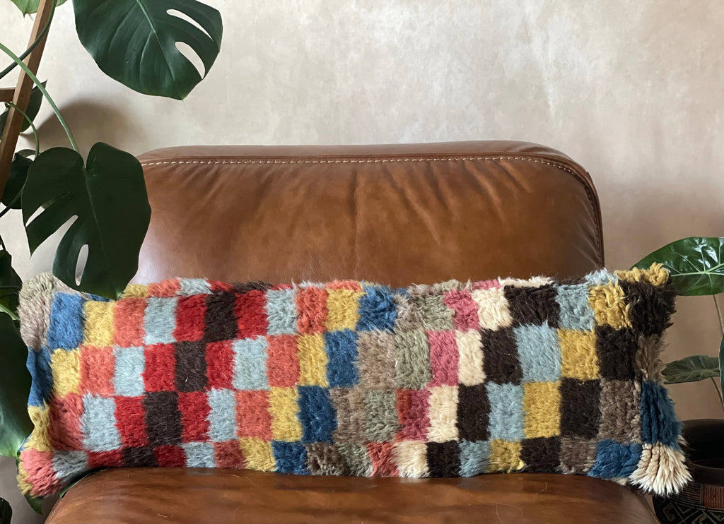 Checkered Vintage Turkish Rug Lumbar Pillow | 13x32
