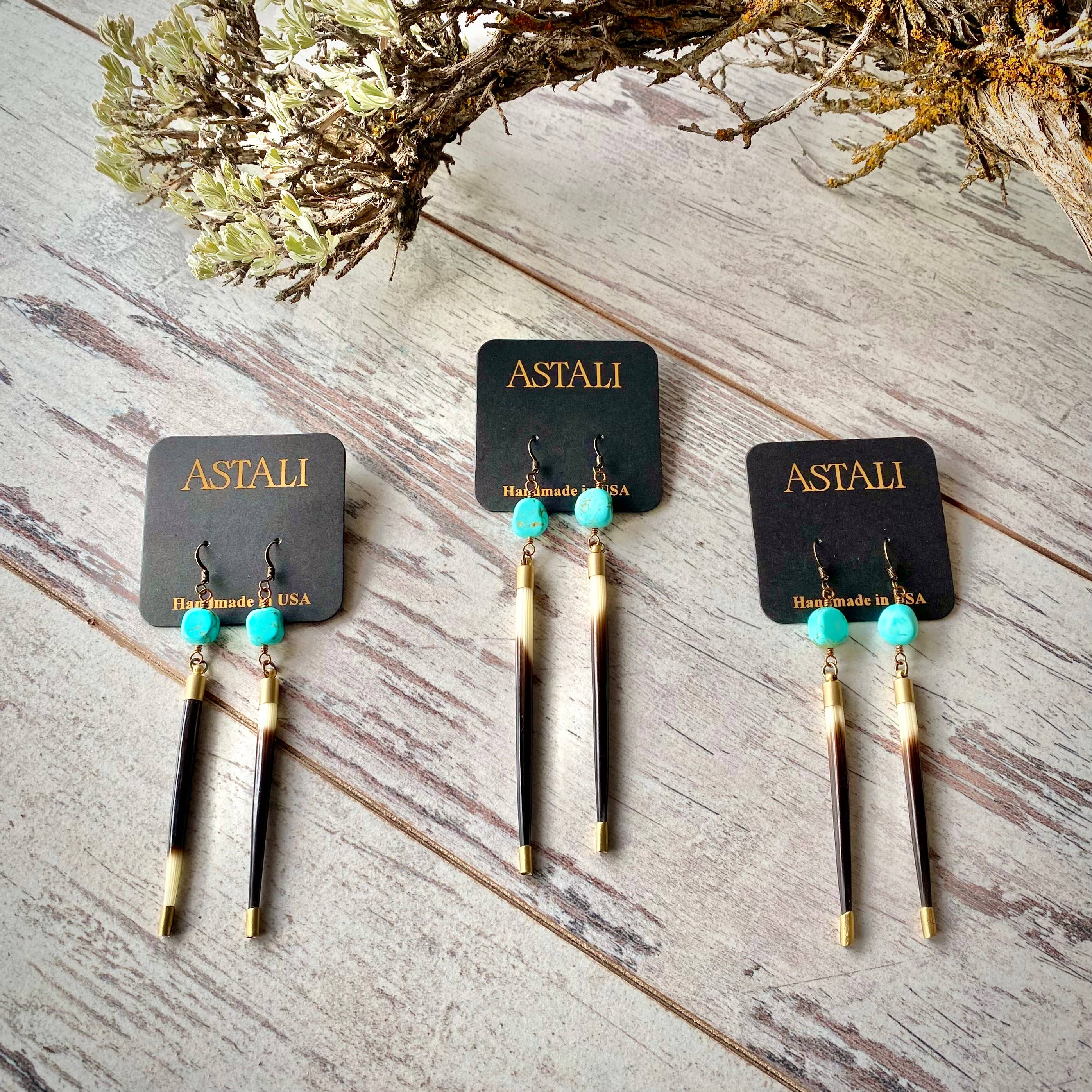Porcupine Quill & Turquoise Earrings, Real Turquoise & Quill