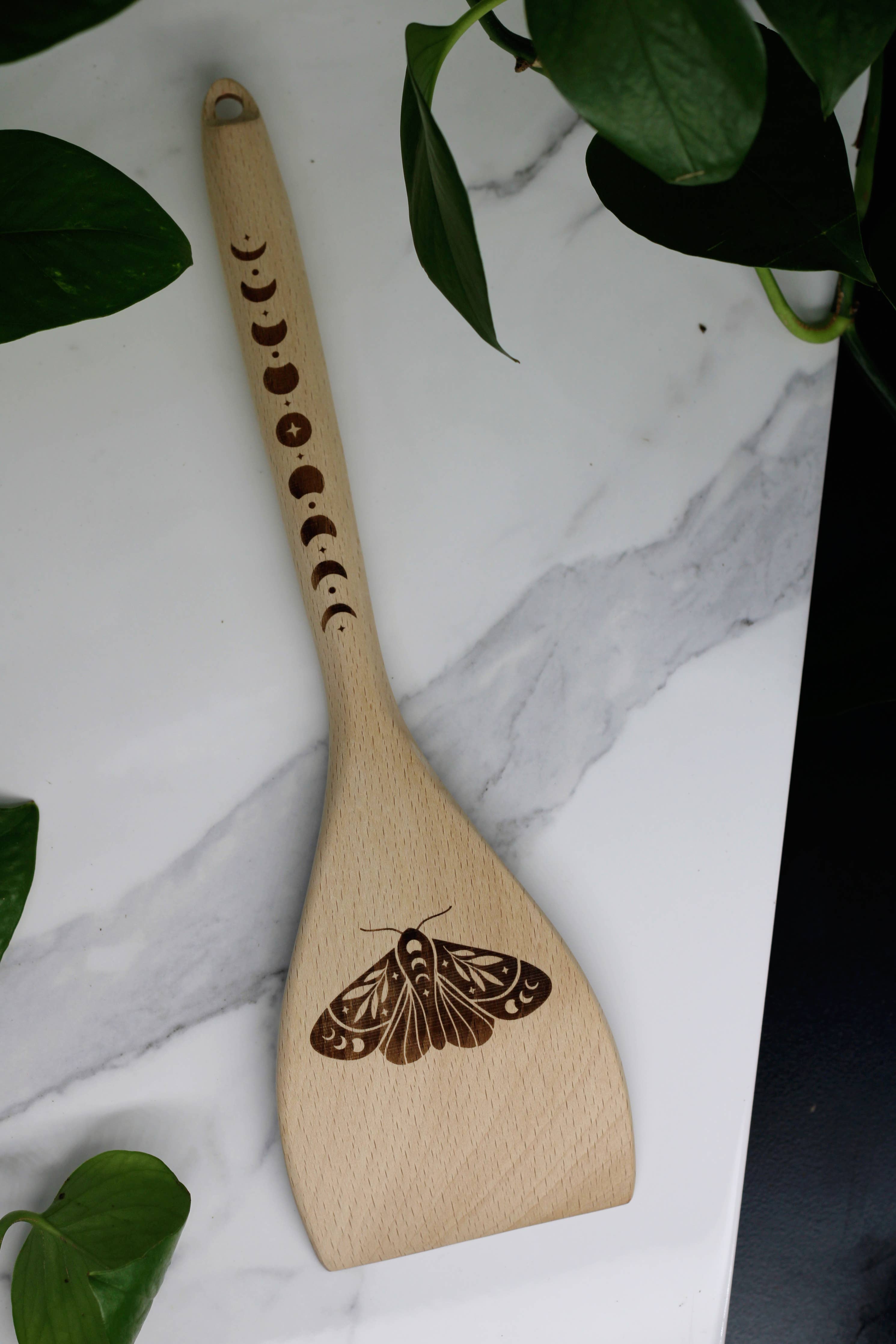Moon Phase + Moth Engraved Wooden Spatula